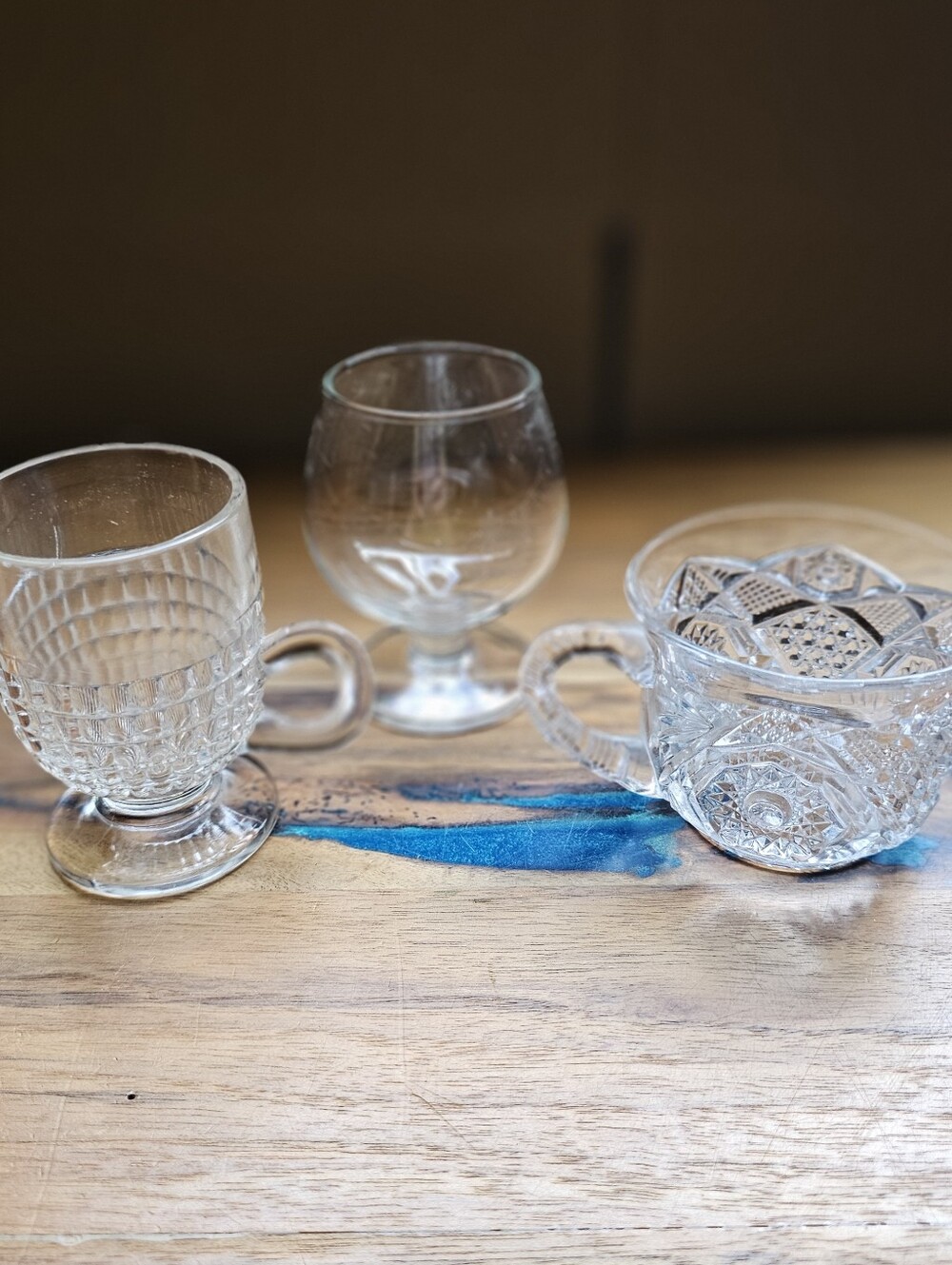 VTG 3 Piece MCM Clear Glass Drinkware Lot Pedestal/Footed Mug Snifter Punch Cup